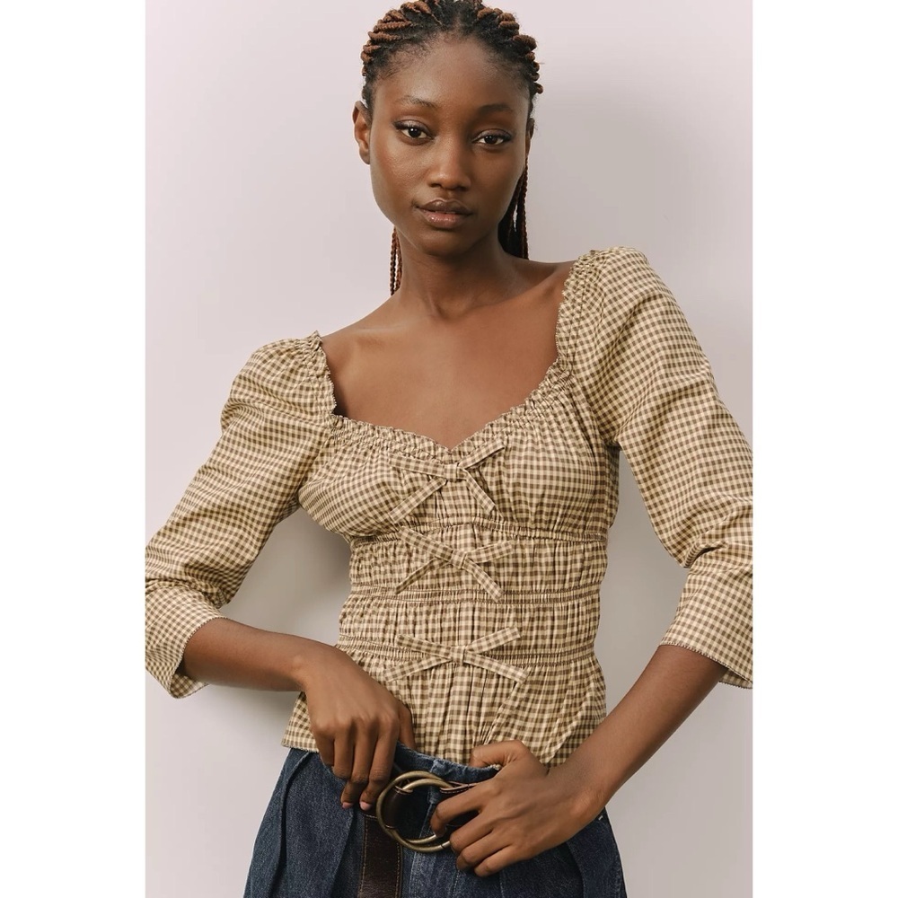 NWT Reformation Lauryn Checkered Quarter Sleeve Bow Top Brown 8